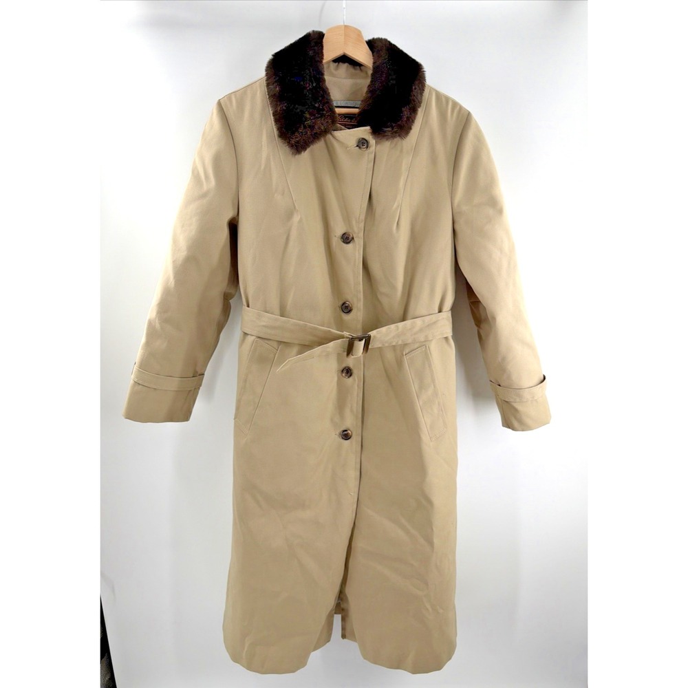 Vintage Eddie Bauer Trench Coat Womens L Goose Down Shearling Collar Classic